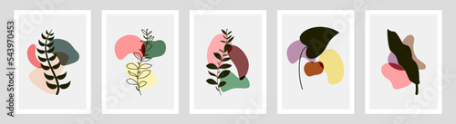 Botanical wall art vector set. Foliage line art drawing with abstract shape. Abstract Plant Art design for print, cover, wallpaper, Minimal and natural wall art. Vector illustration.
