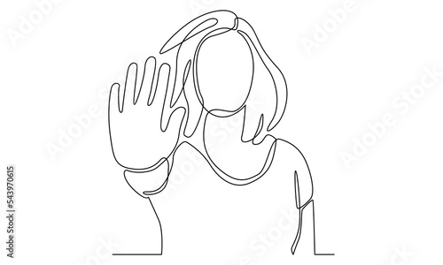 continuous line of woman showing palm as stop sign, stay, hold or rejection gesture