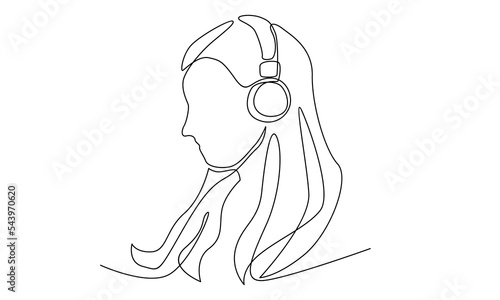 continuous line of beautiful girl listening music in headphones