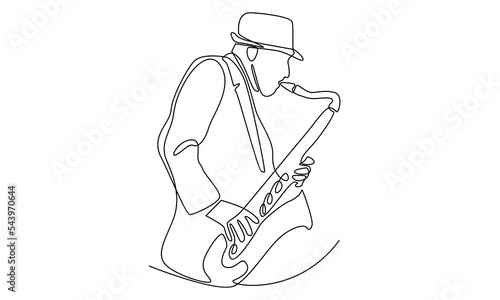 continuous line of male saxophonist with hat performing to play saxophone