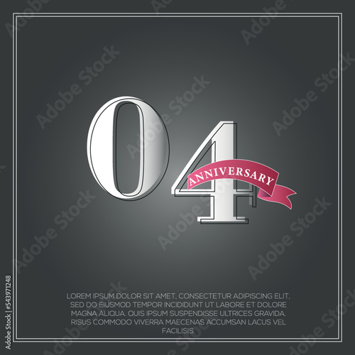 04 Years Anniversary celebration logotype colored with shiny gray, using ribbon and isolated on black background
 photo