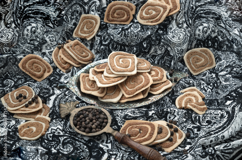 Traditional black pepper cookies. Its flavour has a sweet and hot spicy taste from black pepper, Selective Focus. Traditional black pepper cookies. Its flavour has a sweet and hot spicy taste from black pepper, Selective Focus.