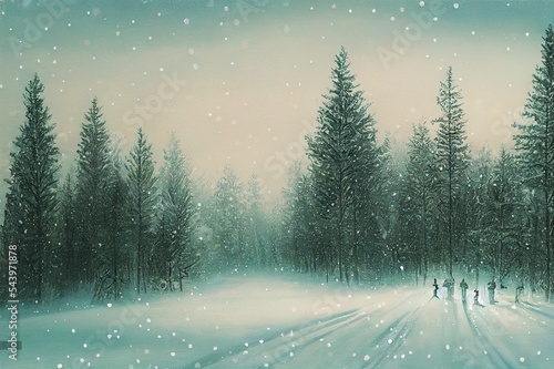 Winter wonderland with fir trees. Christmas greetings concept with snowfall © 2rogan