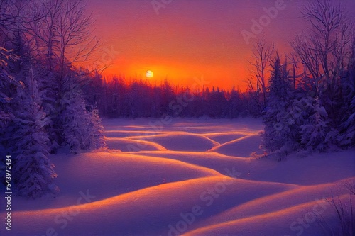 Winter snow forest river sunset landscape © 2rogan