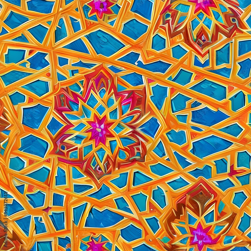 Islamic Mosaic Design. Abstract Background. colorful ornamental arabic tiles, patterns through white mosque window. Greeting card, invitation for Muslim holiday Ramadan Kareem. illustration background
