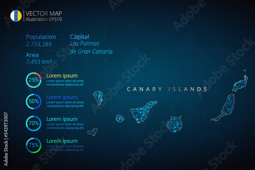Canary Islands map infographics vector template with abstract geometric mesh polygonal light concept on blue background. Template for diagram, graph, presentation and chart