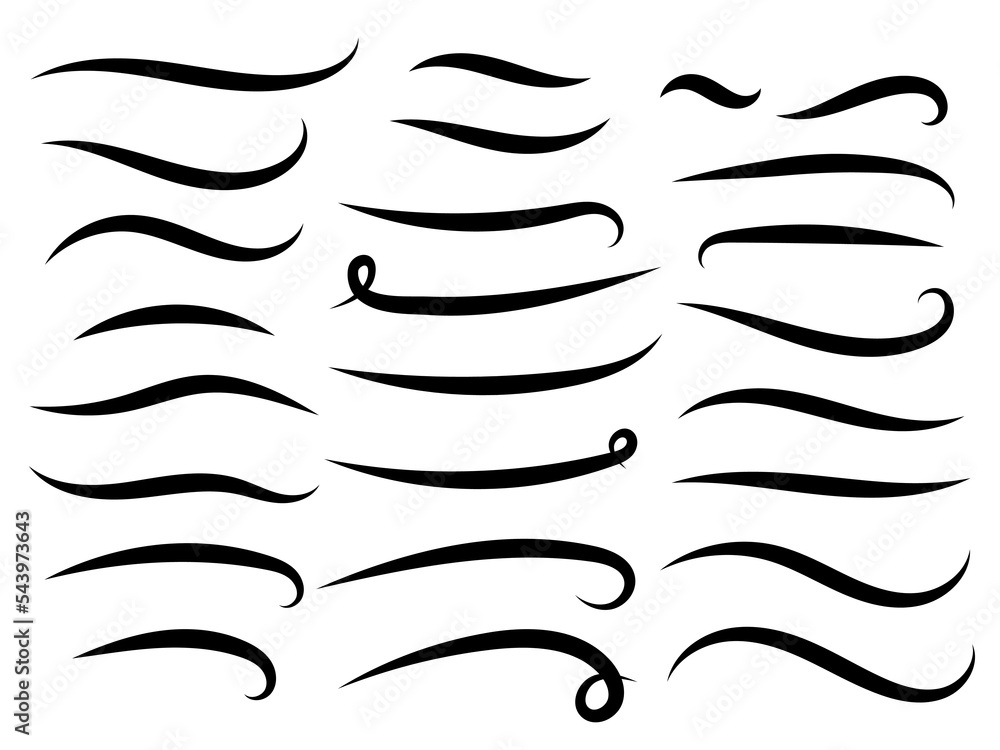Swish doodle underline set. Hand drawn swoosh elements, calligraphy swirl or sport swoop text tails. Swash decorative strokes on white background, vector illustration