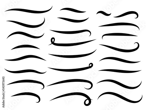 Swish doodle underline set. Hand drawn swoosh elements, calligraphy swirl or sport swoop text tails. Swash decorative strokes on white background, vector illustration