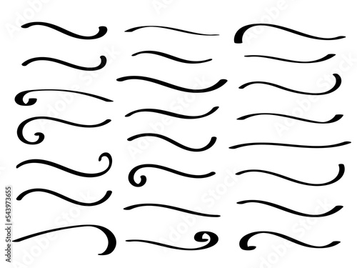 Swish doodle underline set. Hand drawn swoosh elements, calligraphy swirl or sport swoop text tails. Swash decorative strokes on white background, vector illustration
