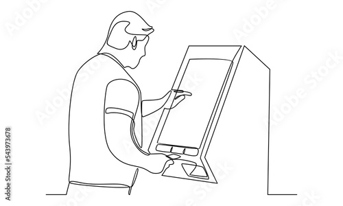 continuous line of man taking money from the ATM