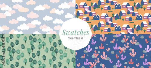 Colourful seamless pattern swatches set of 4, sky and clouds, countryside town and houses, green forest trees, coral under water