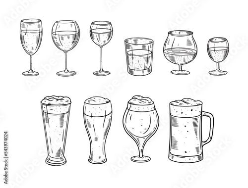 Hand drawn glasses cocktails and beer set. Black and white sketch style vector illustration.