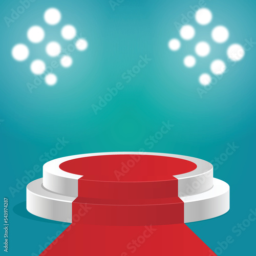 Product display podium with red carpet and lights