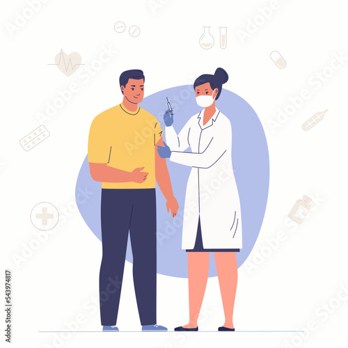 Doctor gives patient injection in shoulder. Vaccination. Vector cartoon illustration