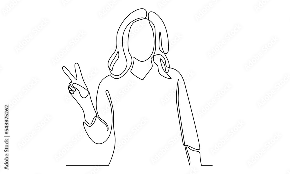 Continuous line of woman standing and making peace sign with hands