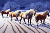 Winter nature art. Mongolia Przewalski's Horse with snow, nature habitat in Mongolia. Horse in stepee grass. Wildlife in Mongolia. Equus ferus przewalskii. Hustai National Park with rare wild horses,
