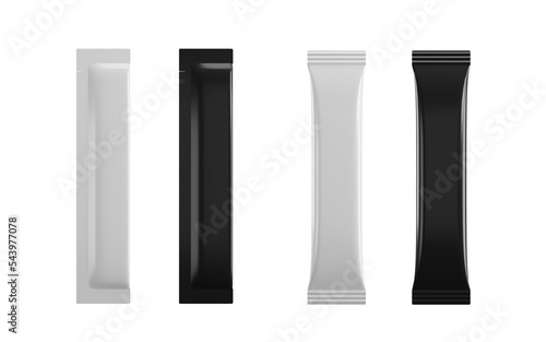 Blank packaging white sachet for instant coffee, tea, vitamin, collagen, jelly,  powder product design mockup. 3d Rendering