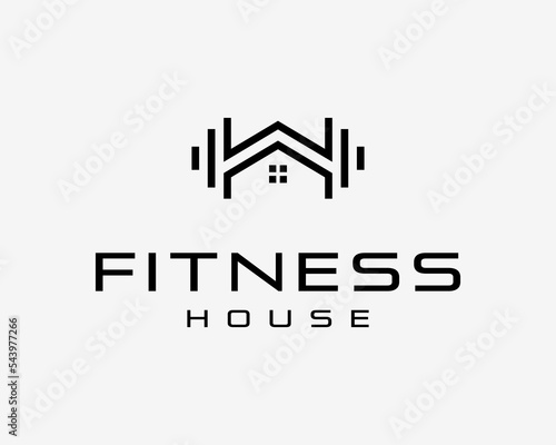 Dumbbell Barbell Fitness Gym Workout Equipment with House Home Building Housing Vector Logo Design