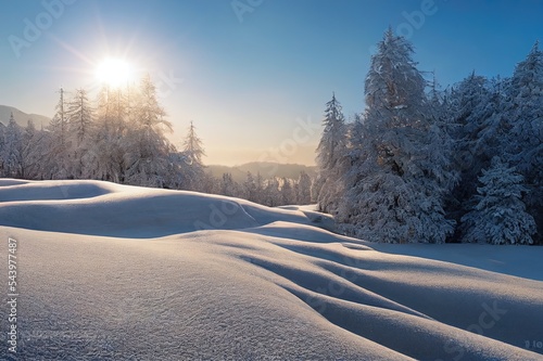 Wide shot of a magical white winter sun at Dobratsch Natural Park with fresh snow over footsteps and frost covered pine trees, Villach, Carinthia, Austria photo