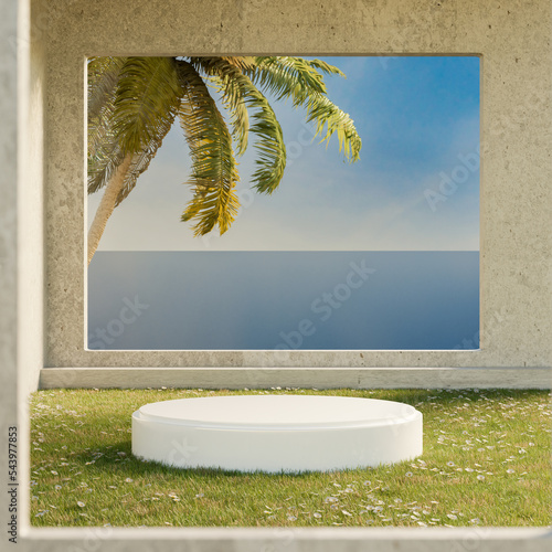 podium backdrop with natural floral field for advertising product presentation. 3d rendering background.