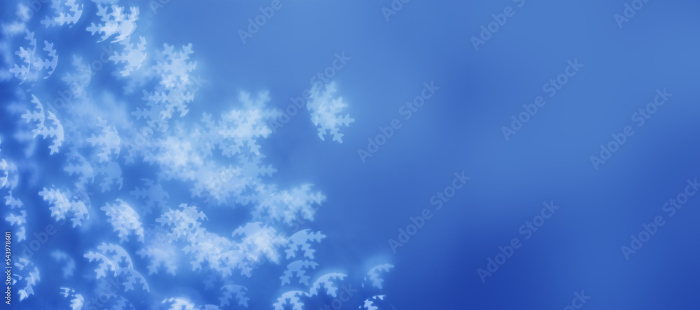 Obraz premium Christmas or New Year abstract magic lights background, white snowflakes bokeh on blue as winter holiday backdrop. Xmas mood aesthetic photo, blurred effect, celebration illumination