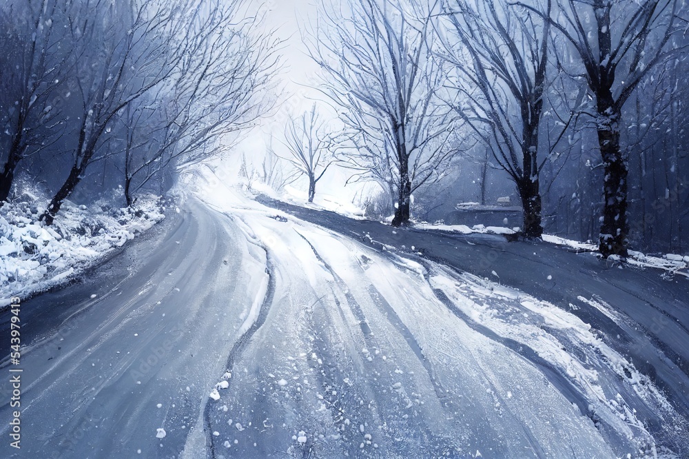 Car tires on winter road covered with snow. Vehicle on snowy alley in the morning at snowfall Car tires on winter road covered with snow. Vehicle on snowy alley in the morning at snowfall