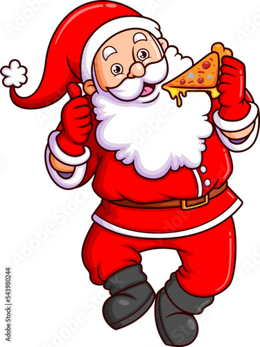The santa claus is eating very delicious pizza and giving thumb up