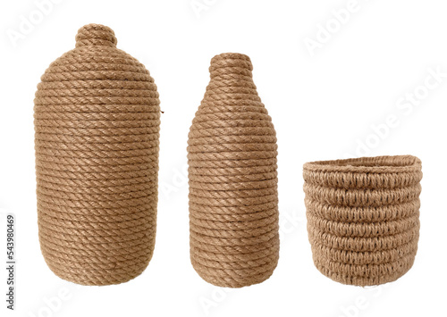 Pots wrapped and basket knitted from jute thread isolated on a transparent background. Rough handicrafts in rustic style. handmade scandi png set