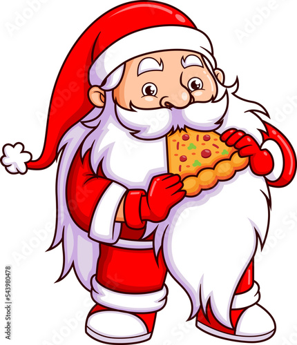 The old santa claus is eating a slice of pizza in the christmas party