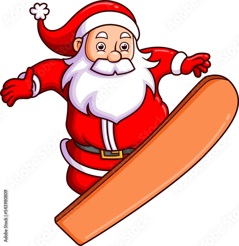 The happy santa claus is playing snow board and doing the attraction