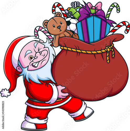 The yeti dwarf with the santa claus costume is holding the big sack full of gift and sending the surprise to the kids