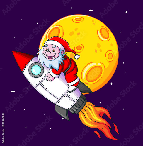 The yeti with the santa claus costume is flying until the moon with the turbo rocket of illustration