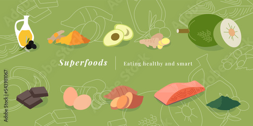 10 popular super food illustration vector clipart graphic, healthy food, diet, nutrient topic, turmeric, spirulina, avocado, breadfruit, olive oil, salmon