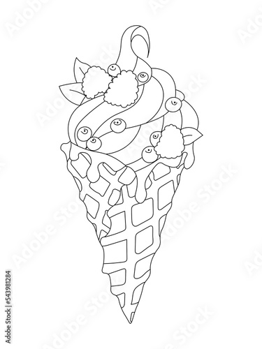 Ice Cream coloring page, isolated element on a white background.  Vector illustration for coloring book for adult and kids.
