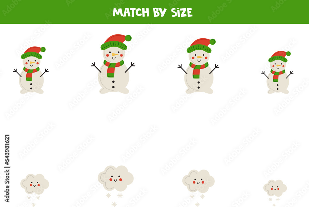 Matching game for preschool kids. Match snowmen and clouds by size.