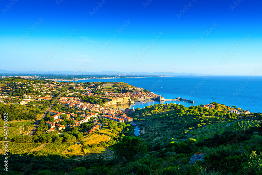 Landscape of Collioure city with harbor and sea in France