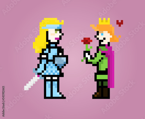 Strong female warrior and cute prince, pixel art characters