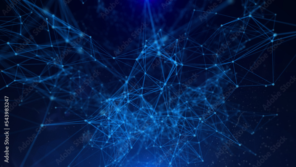 Abstract technology of low poly triangle shape with dots and lines network dynamic on blue cyber space illustration background. Abstract technology of low poly triangle shape with dots and lines network dynamic on blue cyber space illustration background.