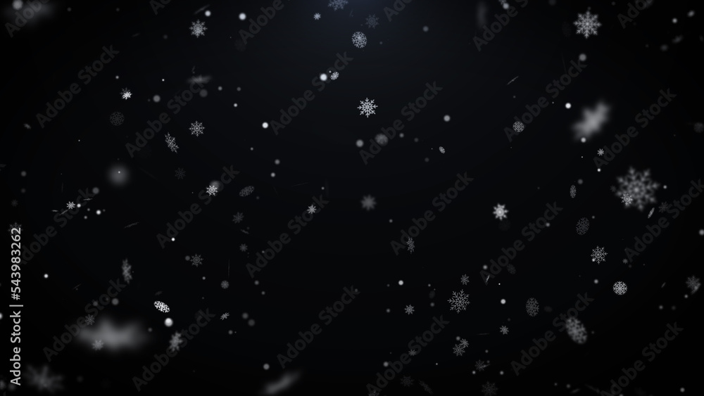 Abstract snowflake and white bokeh particles floating illustration background. Shimmering dust spin randomly in the air.