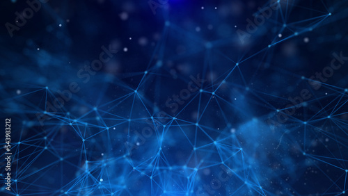 Abstract technology of low poly triangle shape with dots and lines network dynamic on blue cyber space illustration background.