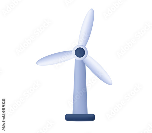 Windmill with wing, 3d icon. Ecological station, turbine, aerogenerator. Wind power, modern technological device, electrical energy production. Industrial equipment, source of renewable energy. Vector