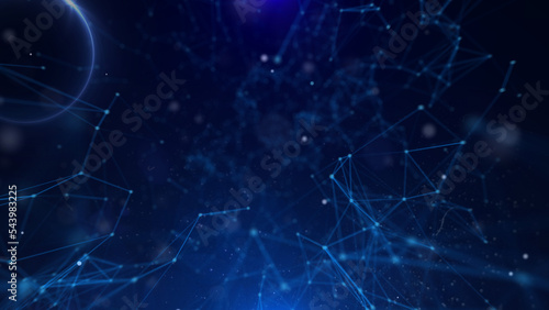 Abstract technology of low poly triangle shape with dots and lines network dynamic on blue cyber space illustration background.
