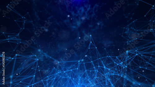 Abstract technology of low poly triangle shape with dots and lines network dynamic on blue cyber space illustration background.
