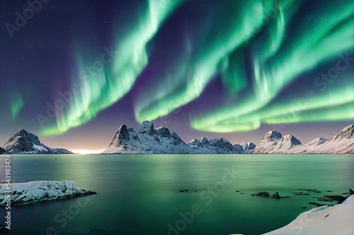 Aurora borealis on the Lofoten islands, Norway. Green northern lights above mountains. Night winter landscape with aurora. Natural background in the Norway © 2rogan