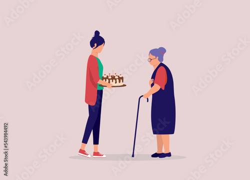 Granddaughter Surprising Her Grandmother Birthday With Chocolate Cake. Full Length. Flat Design Style, Character, Cartoon.