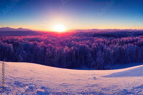 winter panorama landscape with forest, trees covered snow and sunrise. winterly morning of a new day. purple winter landscape with sun, panoramic view © 2rogan