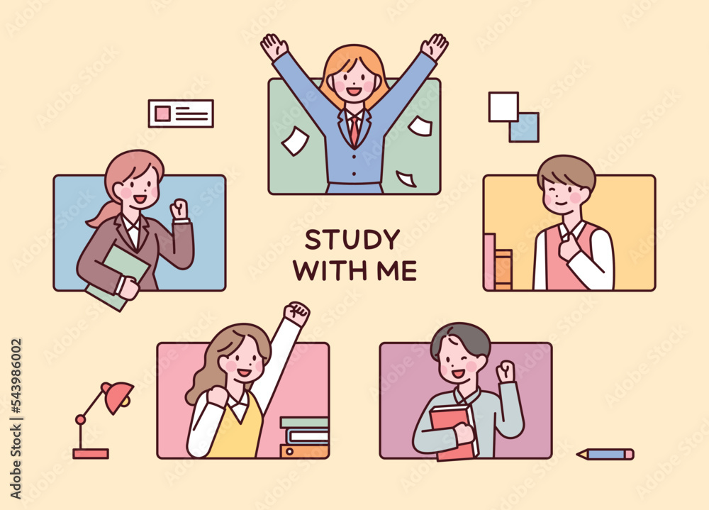 Students in school uniforms are making positive gestures in their square frames. outline simple vector illustration. Students in school uniforms are making positive gestures in their square frames. outline simple vector illustration.