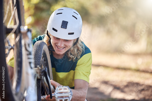 Εκτύπωση καμβά Cyclist man, fix wheel and nature with mountain bike on adventure, race or ride in forest with smile