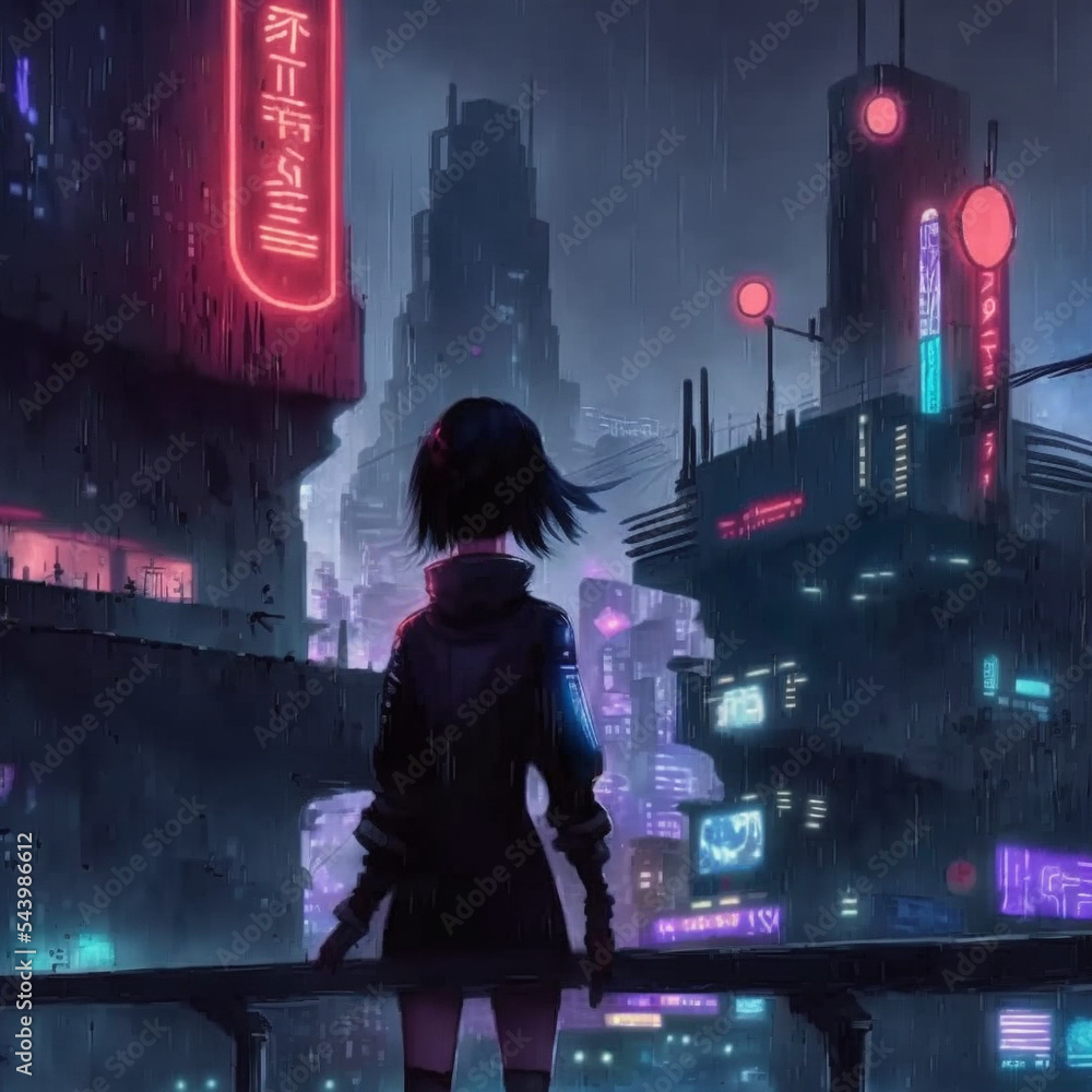 anime girl in cyberpunk city Stock Illustration