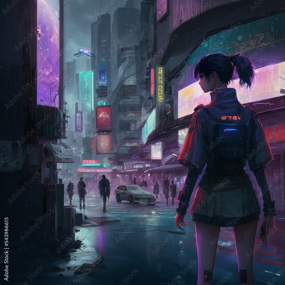 anime girl in cyberpunk city Stock Illustration | Adobe Stock